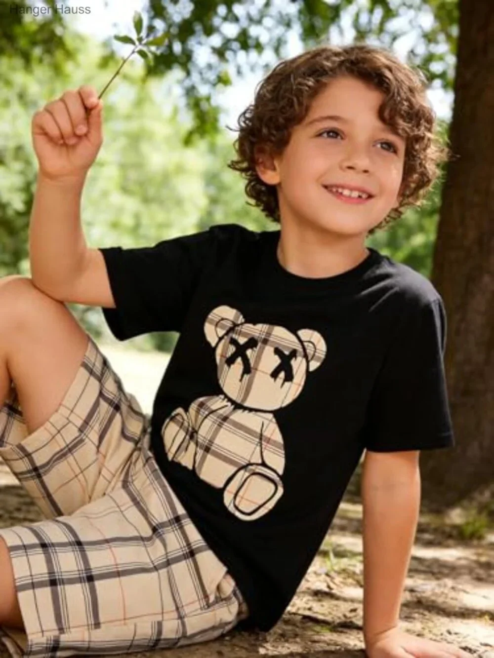 Toddler Boys Bear Print Tee with Plaid Shorts Set Cotton_2